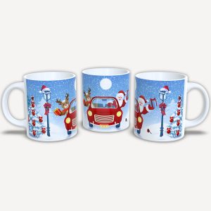 Karácsonyi bögre Mikulással és rénszarvassal autóban