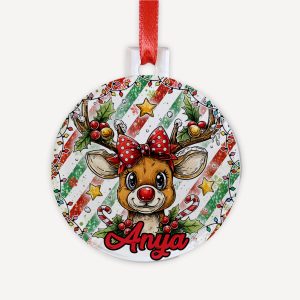 Névre szóló akril karácsonyfadísz – lány rénszarvas mintával